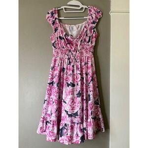 Pink Floral Smocked Waist Ruffle Hem Cap Sleeve Fit & Flare Dress